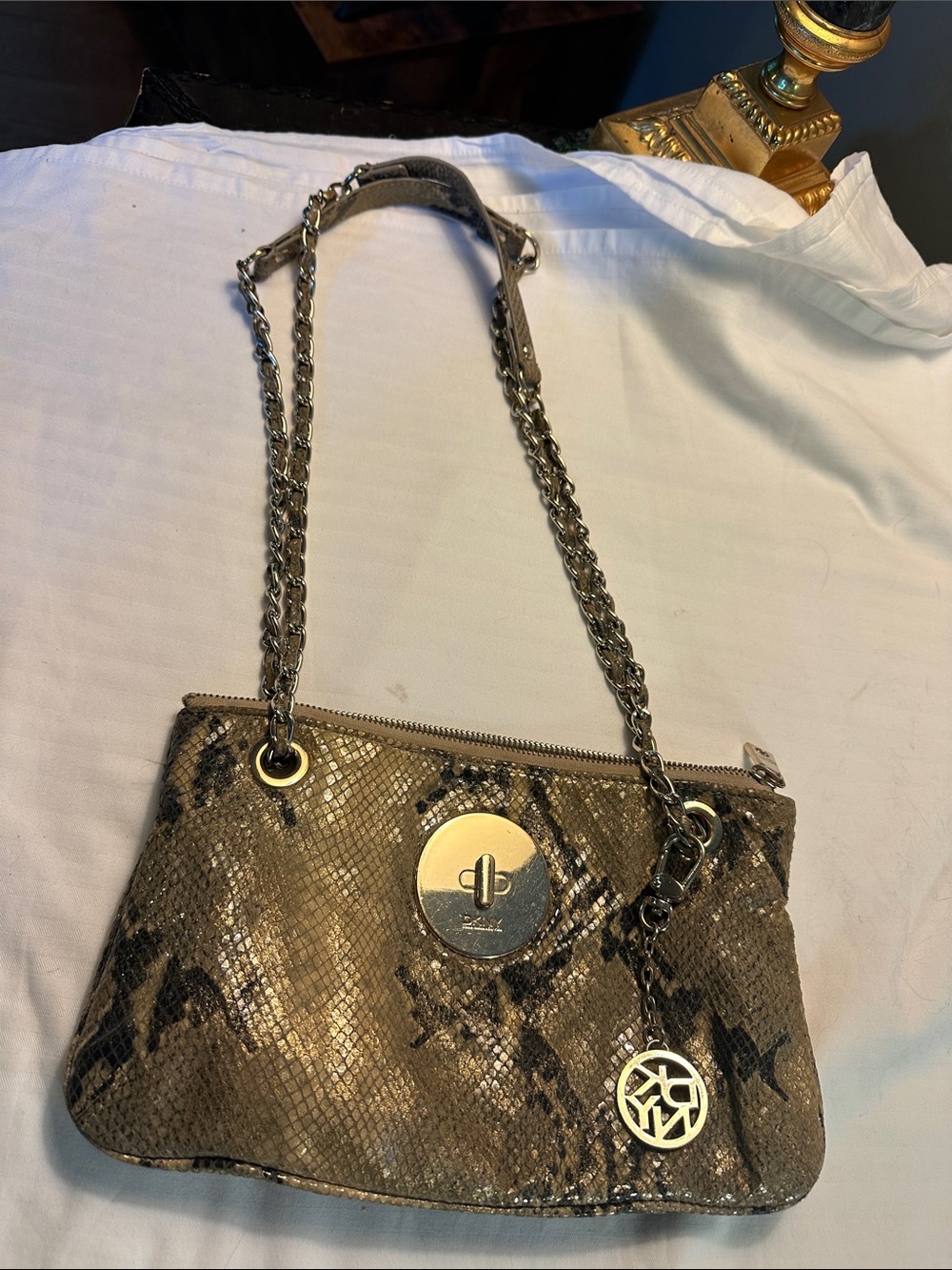 DKNY Snake-Texture Chain Shoulder Bag in Taupe